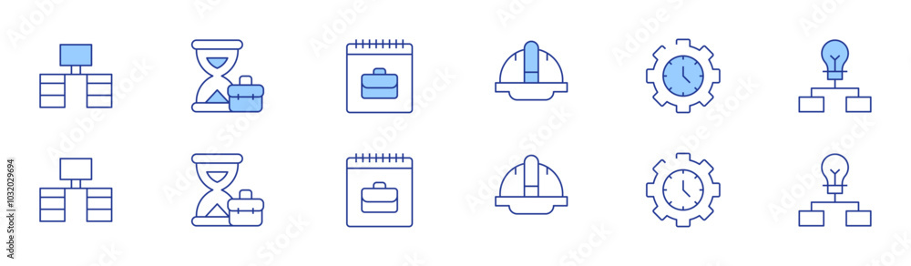 Work icon set in two styles, Duotone and Thin Line style. Editable stroke. helmet, time management, desk, workflow, hourglass, work Work icon set in two styles, Duotone and Thin Line style. Editable stroke. helmet, time management, desk, workflow, hourglass, work