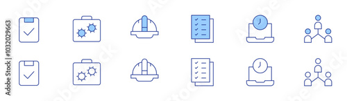 Work icon set in two styles, Duotone and Thin Line style. Editable stroke. checklist, overwork, audit, work in progress, networking, helmet