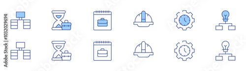 Work icon set in two styles, Duotone and Thin Line style. Editable stroke. helmet, time management, desk, workflow, hourglass, work
