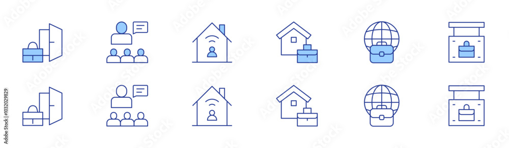 Work icon set in two styles, Duotone and Thin Line style. Editable stroke. working at home, worldwide, work, dismiss, boss, work from home Work icon set in two styles, Duotone and Thin Line style. Editable stroke. working at home, worldwide, work, dismiss, boss, work from home