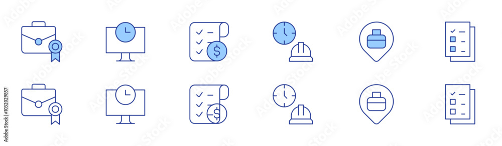 Work icon set in two styles, Duotone and Thin Line style. Editable stroke. working hours, pin, file, briefcase, time, shopping list Work icon set in two styles, Duotone and Thin Line style. Editable stroke. working hours, pin, file, briefcase, time, shopping list