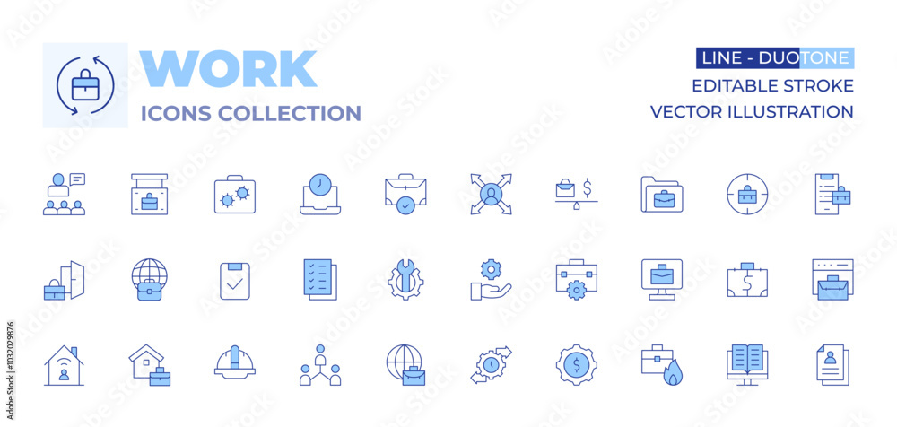 Work icons collection. Line Duotone style, editable stroke. gear, work, work in progress, mobility, worldwide, checklist, audit, working at home, networking, helmet, dismiss, work from home Work icons collection. Line Duotone style, editable stroke. gear, work, work in progress, mobility, worldwide, checklist, audit, working at home, networking, helmet, dismiss, work from home