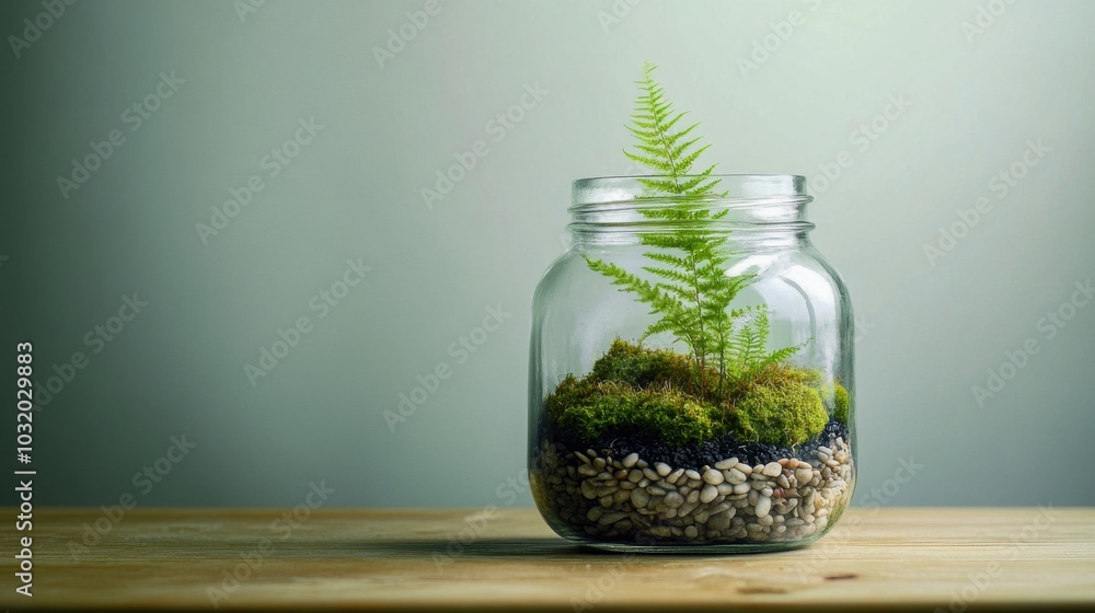 Small fern terrarium in glass jar with moss and pebbles on wooden table Small fern terrarium in glass jar with moss and pebbles on wooden table