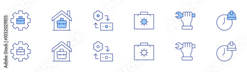 Work icon set in two styles, Duotone and Thin Line style. Editable stroke. work in progress, wrench, working hours, working, work from home, exchange