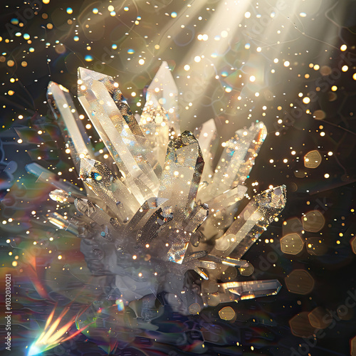 Quartz Crystals Suspended in Air, Glowing Particles and Rainbow Light Refractions photo