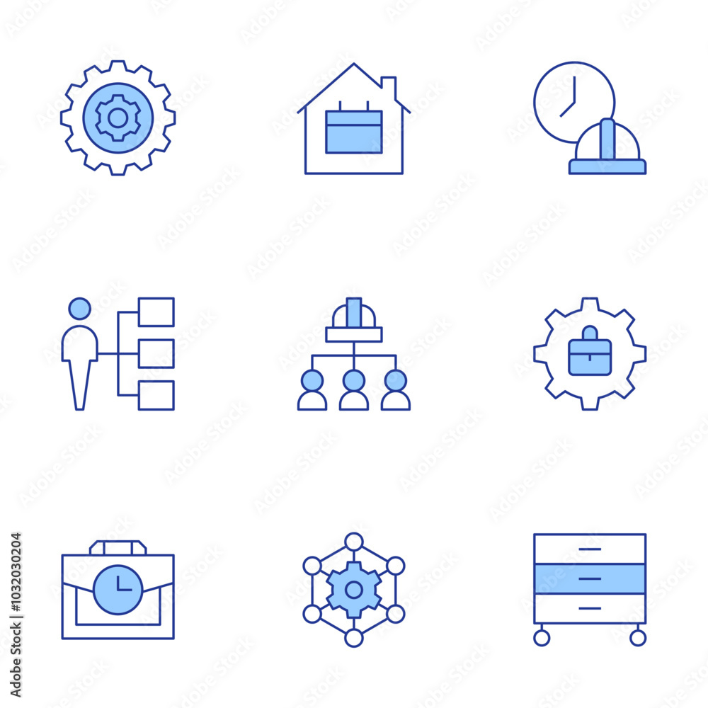 Work icons set. Line Duotone style, editable stroke. working hours, work, work station, outsourcing, work team, working at home, assignment, gear Work icons set. Line Duotone style, editable stroke. working hours, work, work station, outsourcing, work team, working at home, assignment, gear