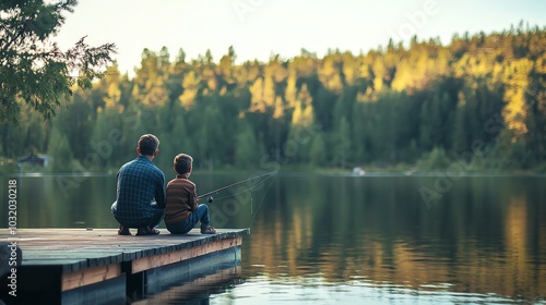 A father and son fishing together in a lake.