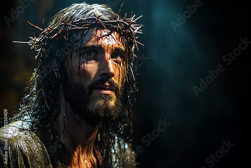 Wallpaper Mural Jesus Christ illuminated by a single beam of light from above. A crown of thorns rests on His head, casting soft shadows on His serene face. The scene is somber and reverent	
 Torontodigital.ca