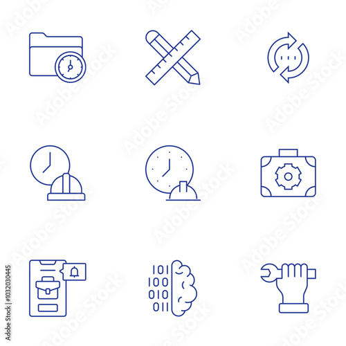 Work icons set. Thin Line style, editable stroke. work in progress, wrench, working time, working hours, phone, brain