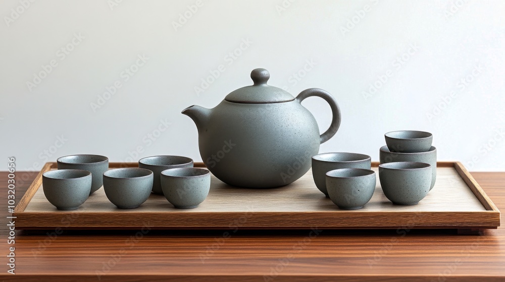 Traditional japanese tea ceremony set with nine cups on wooden tray Traditional japanese tea ceremony set with nine cups on wooden tray