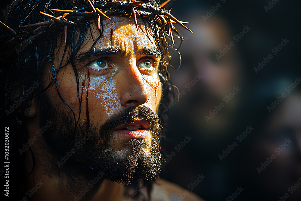Jesus Christ illuminated by a single beam of light from above. A crown of thorns rests on His head, casting soft shadows on His serene face. The scene is somber and reverent
Jesus Christ illuminated by a single beam of light from above. A crown of thorns rests on His head, casting soft shadows on His serene face. The scene is somber and reverent