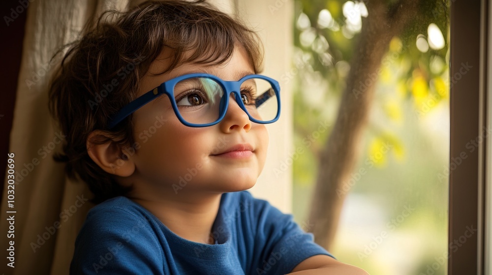 Young child wearing blue glasses focusing on distant tree outside window, symbolizing myopia prevention and importance of outdoor activities. Young child wearing blue glasses focusing on distant tree outside window, symbolizing myopia prevention and importance of outdoor activities.