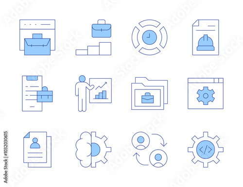 Work icons. Line Duotone style, editable stroke. settings, work in progress, work, report, working, business, time management, collaborate