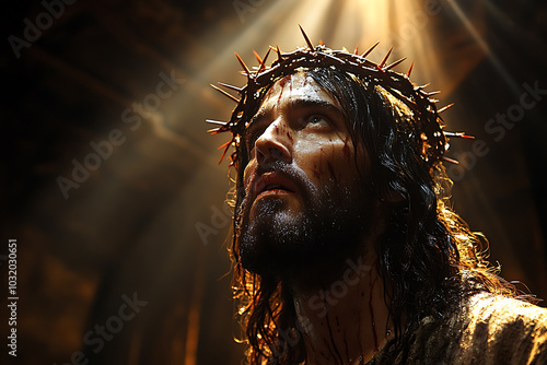 Jesus Christ illuminated by a single beam of light from above. A crown of thorns rests on His head, casting soft shadows on His serene face. The scene is somber and reverent	
