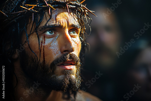 Jesus Christ illuminated by a single beam of light from above. A crown of thorns rests on His head, casting soft shadows on His serene face. The scene is somber and reverent 