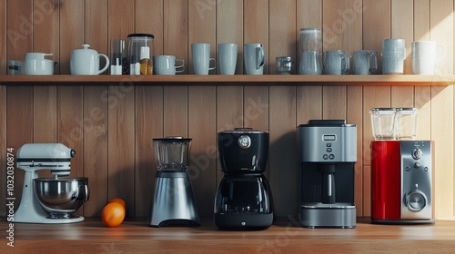 A modern kitchen countertop with a variety of appliances, including a mixer, blender, coffee maker, and juicer. photo