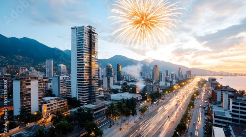 Colorful and Spectacular Fireworks Bursting in the Night Sky Over a Bustling City Celebrating the Joyous Diwali Festival of Lights photo