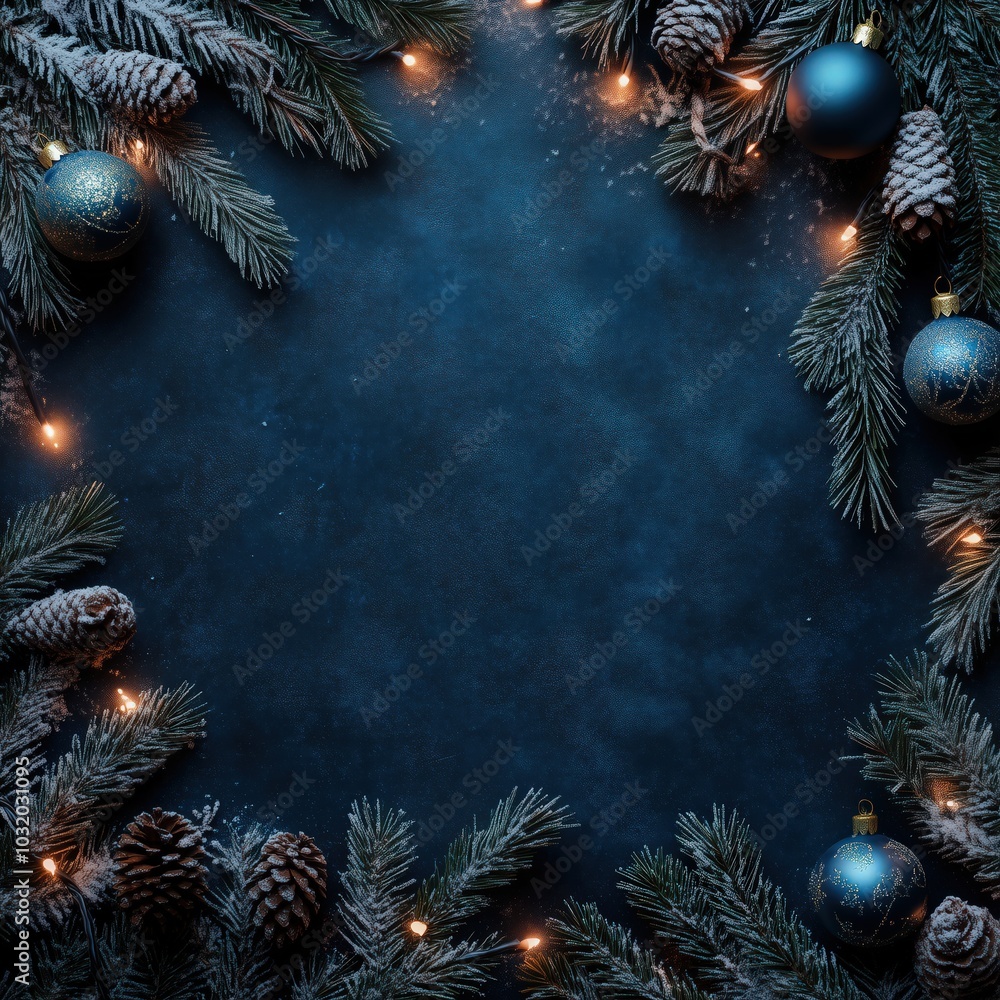 Square Christmas or New Year frame top view, decorative stars, balls and tree branches over blue navy background. Copyspace, place for text Square Christmas or New Year frame top view, decorative stars, balls and tree branches over blue navy background. Copyspace, place for text