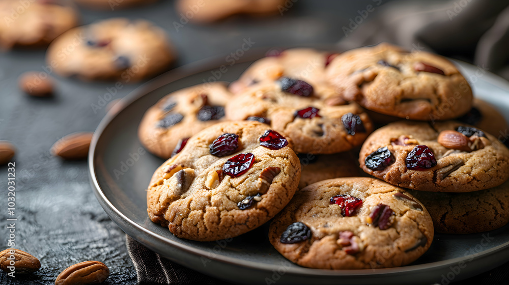 A plate of vegan cookies with nuts and dried fruits A plate of vegan cookies with nuts and dried fruits