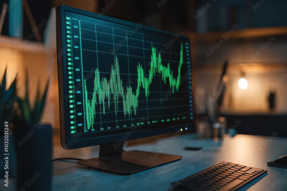 Close-up of computer monitor displaying stock market graph analysis Close-up of computer monitor displaying stock market graph analysis