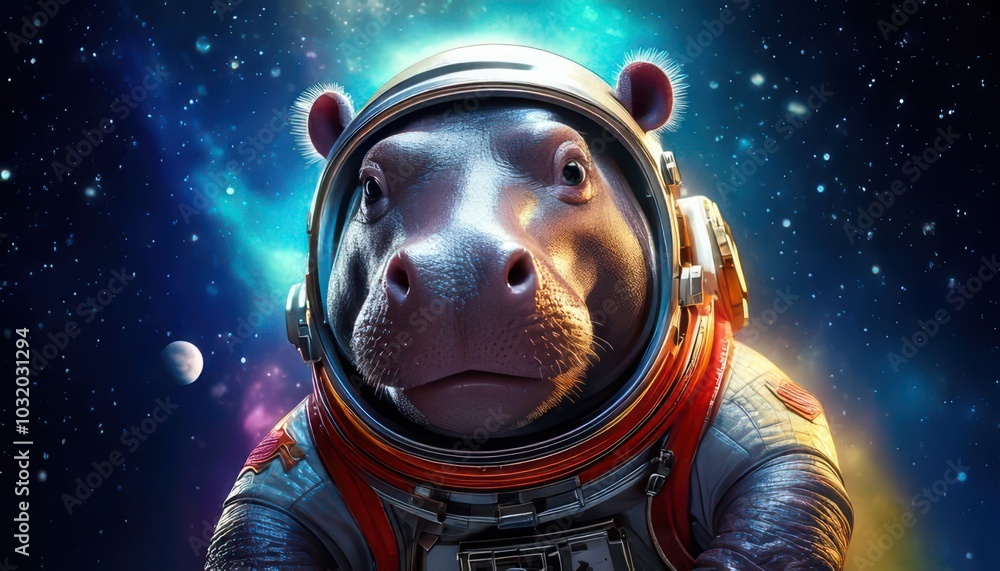 Cosmic Hippo Adventure, a playful baby hippo in a space suit, joyfully floating through a vibrant, futuristic space environment Cosmic Hippo Adventure, a playful baby hippo in a space suit, joyfully floating through a vibrant, futuristic space environment