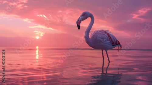 Flamingo standing gracefully in a shallow water against a pink sunset. photo