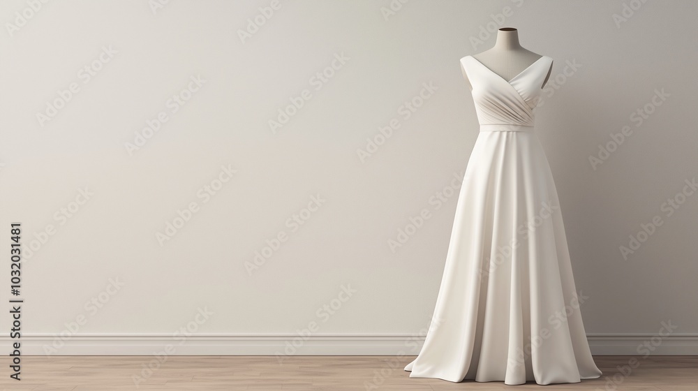 Elegant white dress on display against a neutral wall, perfect for bridal occasions or fashion showcases. Elegant white dress on display against a neutral wall, perfect for bridal occasions or fashion showcases.