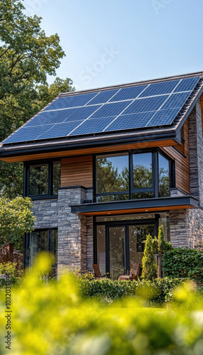 Wallpaper Mural Residential Home with Roof Mounted Solar Panels, Sustainable Energy Solution for Modern Living Torontodigital.ca