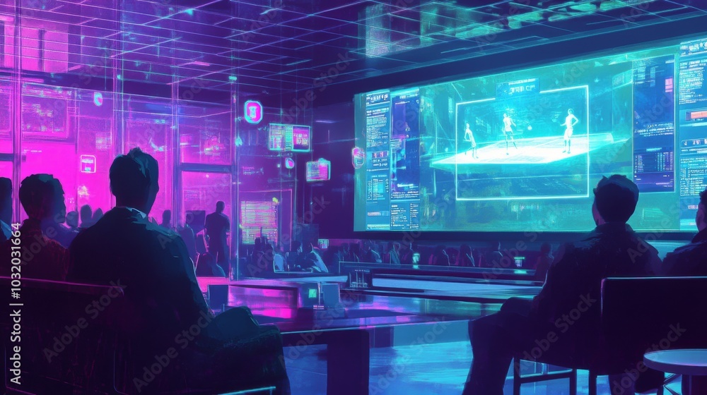 Hightech sports bar with holographic badminton match and AI predictions Neonnoir aesthetic with sleek reflective surfaces Hightech sports bar with holographic badminton match and AI predictions Neonnoir aesthetic with sleek reflective surfaces
