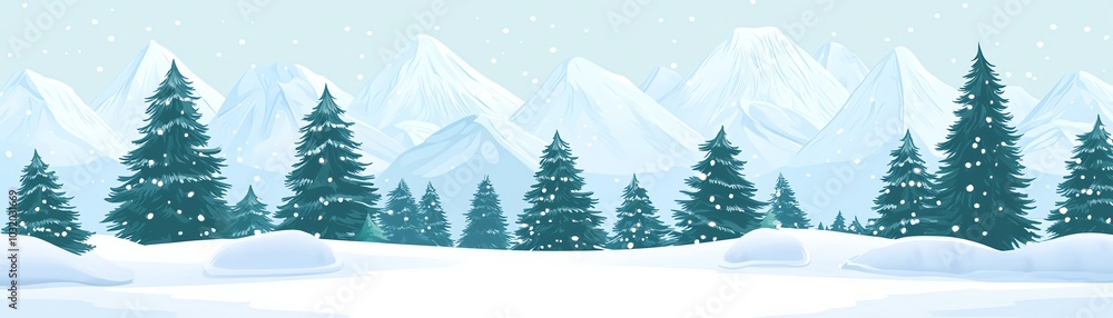 Obraz premium Scenic winter landscape with snow-covered pine trees and mountains under a soft snowfall, creating a serene and peaceful atmosphere.
