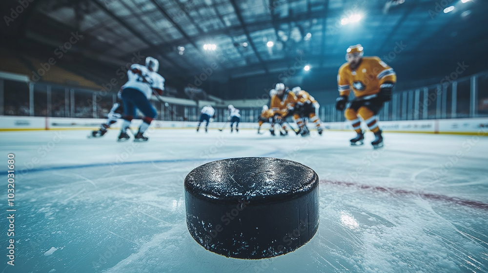 Fototapeta premium A Hockey Puck in focus in the foreground of an Ice Rink with Players Skating in the background with a Net