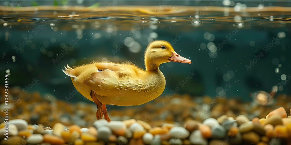 A yellow duck swimming serenely in a clean aquarium, illustrating the peacefulness of domestic animal life. A yellow duck swimming serenely in a clean aquarium, illustrating the peacefulness of domestic animal life.