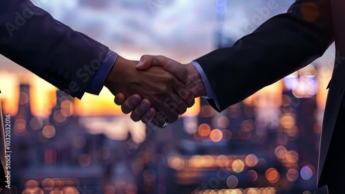 Business handshake in cityscape background, partnership concept.
