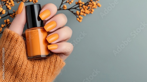A close-up of a hand holding a bottle of orange nail polish against a green backdrop, complemented by autumn branches.