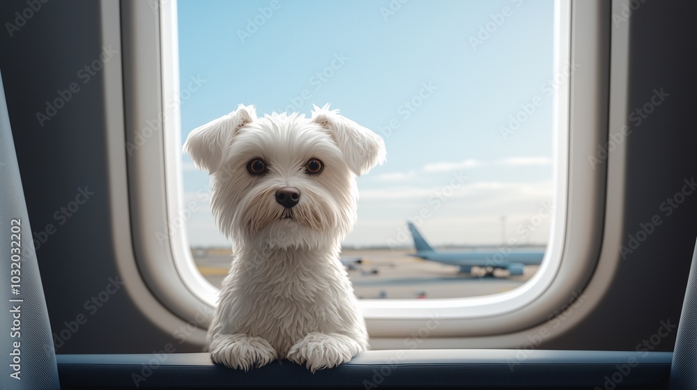A small dog sitting on an airplane seat, looking out the window at the airport and runway. A small dog sitting on an airplane seat, looking out the window at the airport and runway.