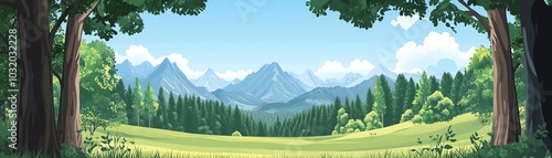 Serene landscape with lush trees framing a vast meadow, leading to majestic mountains under a clear blue sky, evoking tranquility and peace.