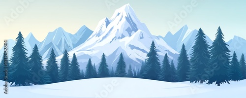 Illustration of a serene winter landscape with snow-covered mountains and a forest of pine trees under a clear blue sky.