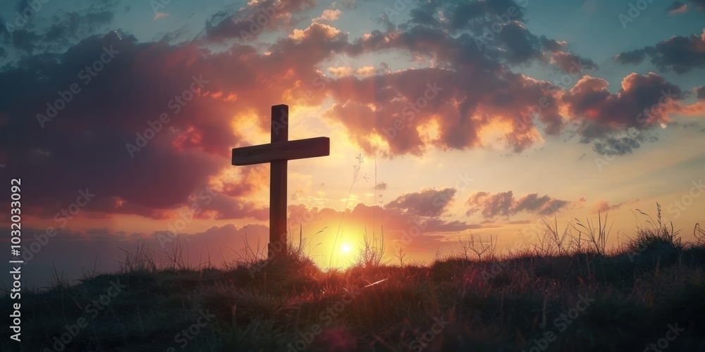 silhouette Grave Cross Meadow under sunset sky and cloud silhouette Grave Cross Meadow under sunset sky and cloud