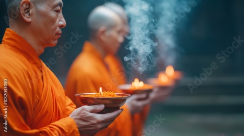 Buddhist Monks Holding Burning Incense Offering. photo