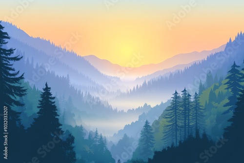 Scenic view of sunrise over misty mountain valley with evergreen trees and layered hills, capturing the serene beauty of nature.