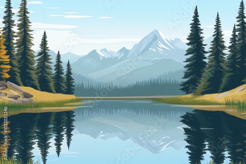 Serene mountain landscape with pine trees reflecting on a calm lake, under a clear blue sky.