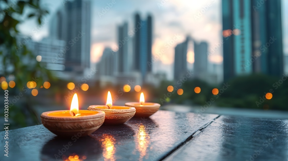 A row of glowing Diwali candles casting a soft warm light along a peaceful darkened pathway during the Hindu festival of lights A row of glowing Diwali candles casting a soft warm light along a peaceful darkened pathway during the Hindu festival of lights