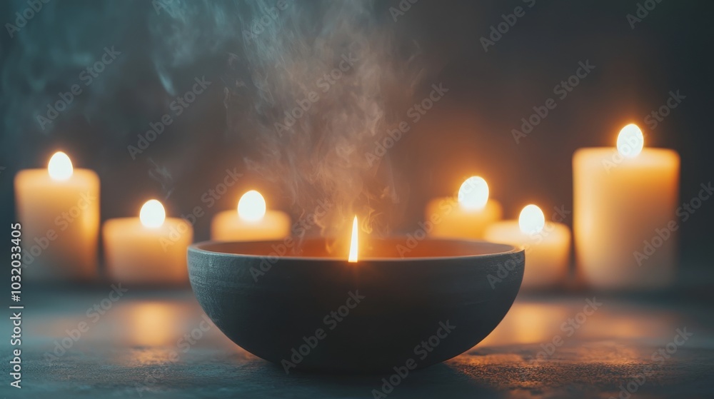 Candle in Bowl with Smoke and Other Candles in Background. Candle in Bowl with Smoke and Other Candles in Background.