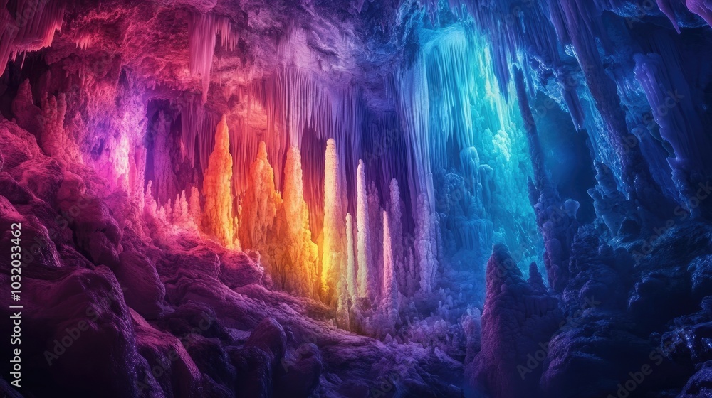Beautiful stalactites and stalagmites in a cave, illuminated by heavenly light, with vibrant colors and shapes resembling a scene from paradise Beautiful stalactites and stalagmites in a cave, illuminated by heavenly light, with vibrant colors and shapes resembling a scene from paradise
