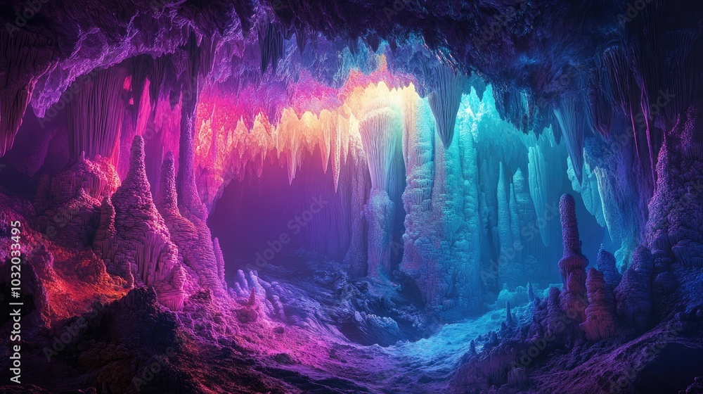 Beautiful stalactites and stalagmites in a cave, illuminated by heavenly light, with vibrant colors and shapes resembling a scene from paradise Beautiful stalactites and stalagmites in a cave, illuminated by heavenly light, with vibrant colors and shapes resembling a scene from paradise