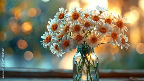 Bouquet of daisies in glass jar with bokeh background. Peaceful and natural beauty concept.