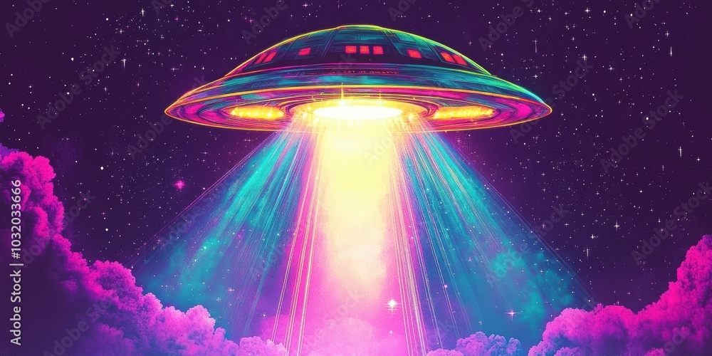 Neon UFO shining over colorful clouds. Neon UFO shining over colorful clouds.