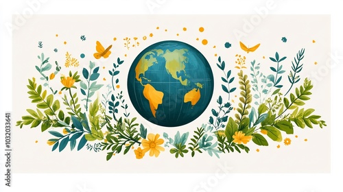 Modern style illustration for Earth Day featuring an ecofriendly globe surrounded by clean lines and minimalist icons of trees and plants promoting environmental protection and a green future photo