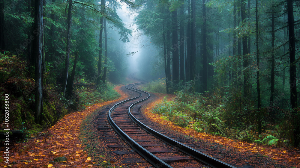 Obraz premium 霧の中の森に消える線路