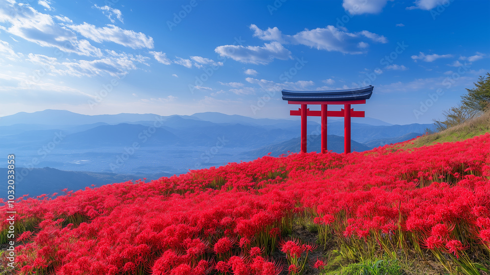 満開の彼岸花と鳥居の風景 満開の彼岸花と鳥居の風景
